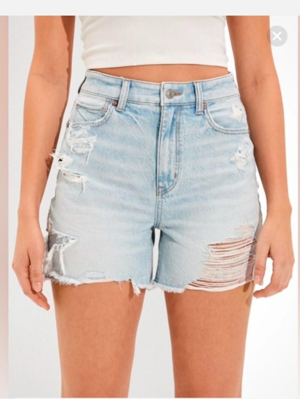 American Eagle Ripped Denim Baggy Mom Shorts in a light wash.